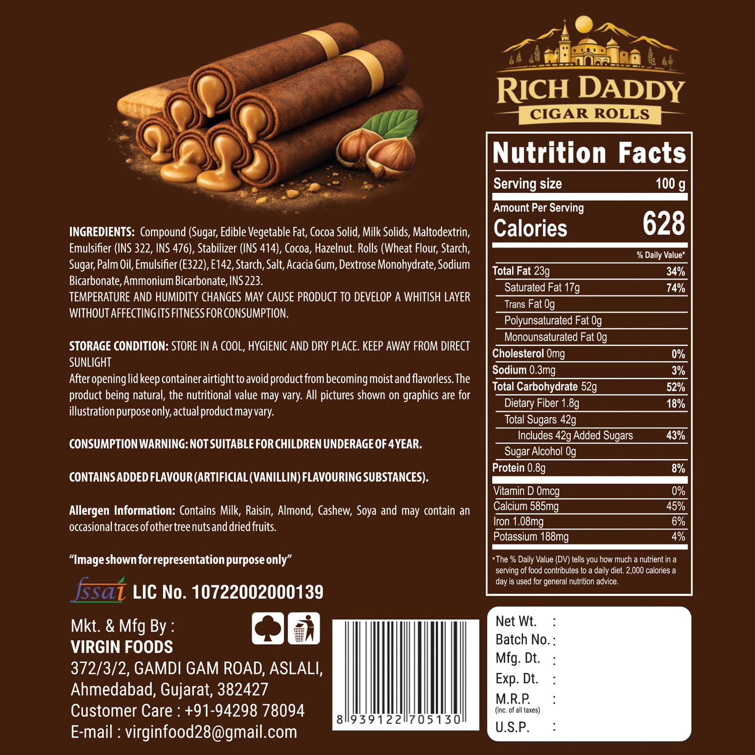 Krishna Rakhi for Brother with Hazelnut Wafer Rolls, Roli Tikka & Card, Pack of 5
