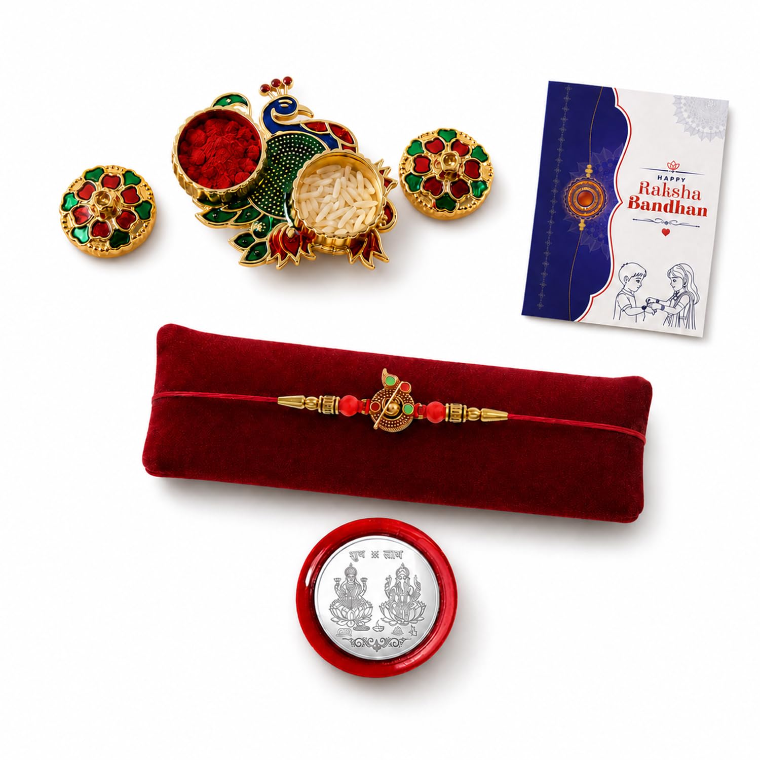 Round Multicolor Rakhi for Brother & Bhaiya with Peacock Shape Pooja | Pack of 5