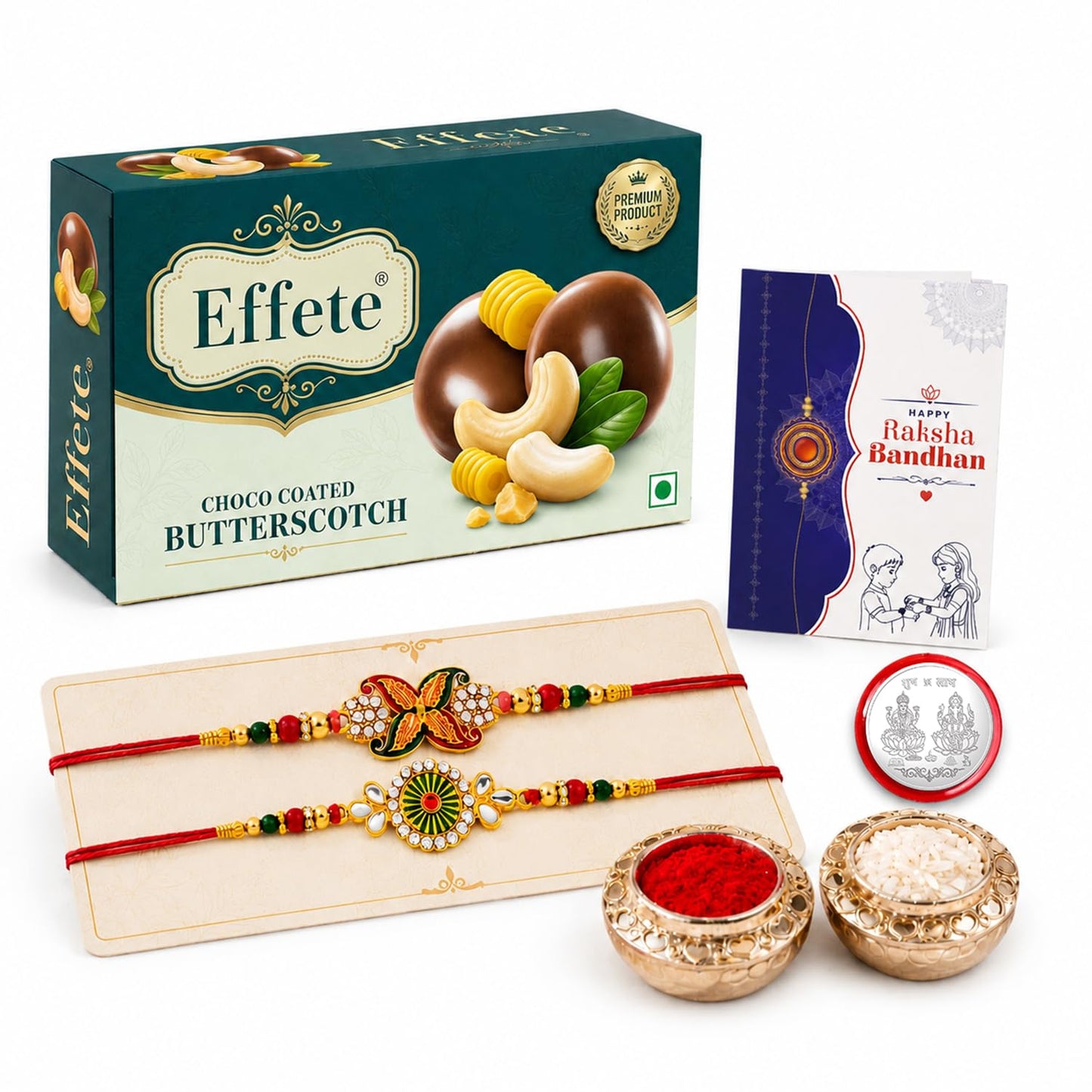 Rainbow color Rakhi for Brother with Butter Scotch 32gm, Coin & Card, Pack of 6