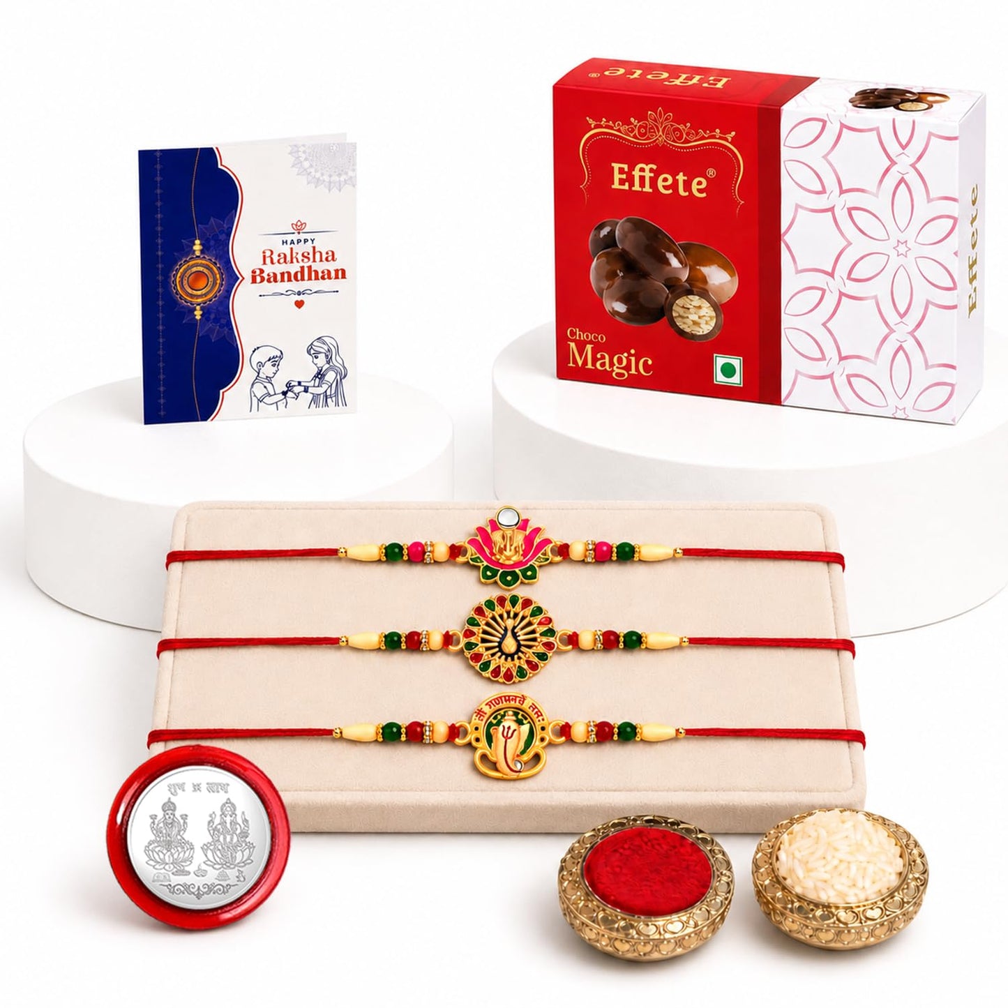 Ganesha Rakhi for Brother with Chocolate Magic 32gm, Roli Tikka & Card, Pack of 7