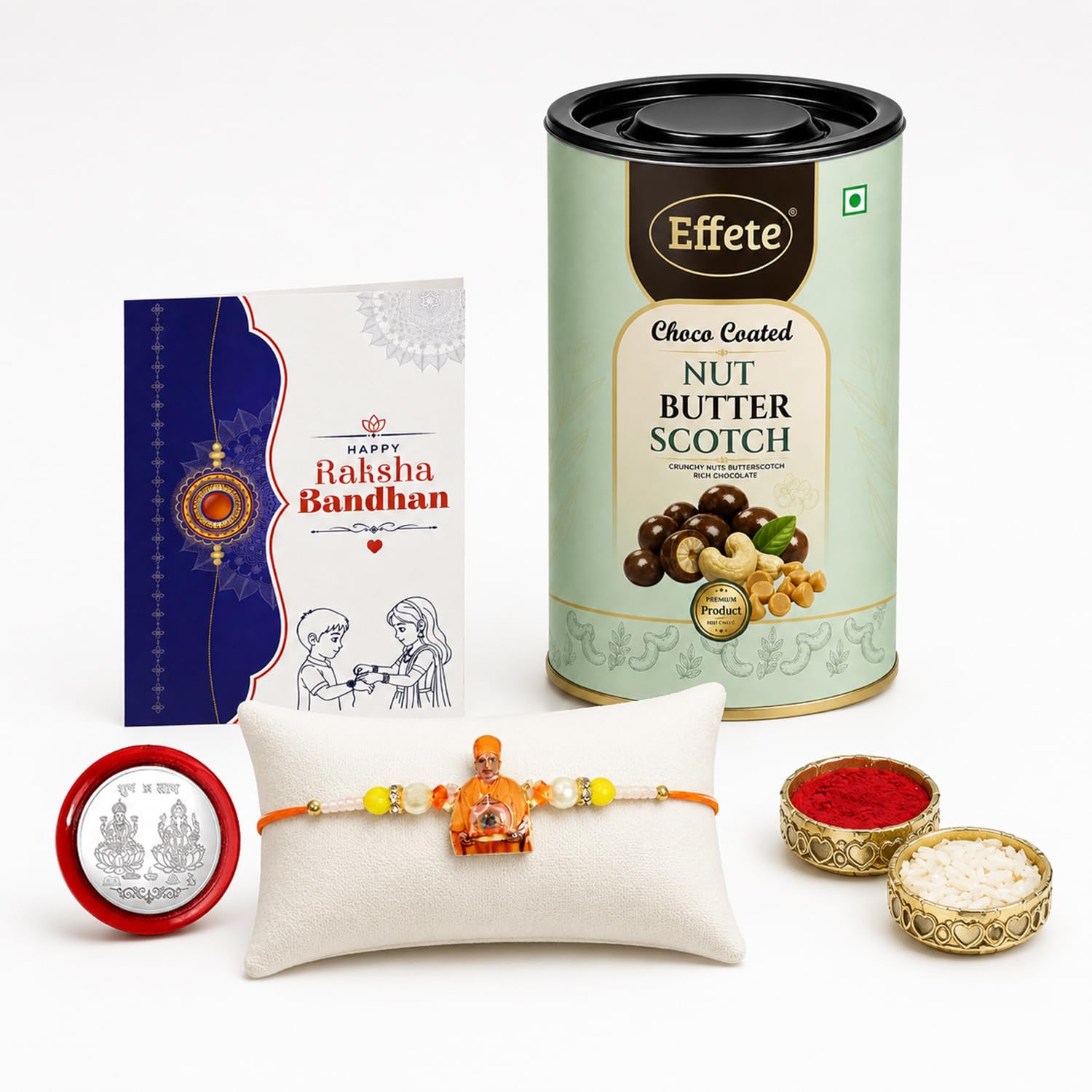 Swami Maharaj Rakhi for Brother with Butter Scotch 96gm, Coin & Card, Pack of 5