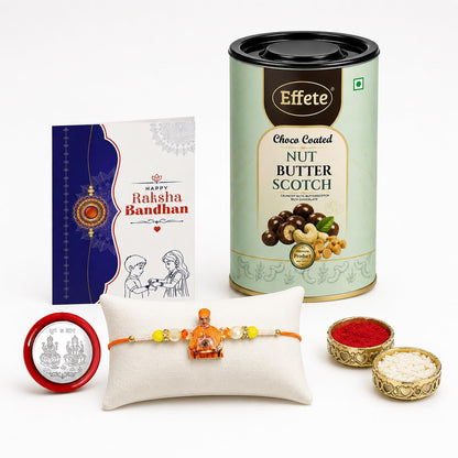 Swami Maharaj Rakhi for Brother with Butter Scotch 96gm, Coin & Card, Pack of 5