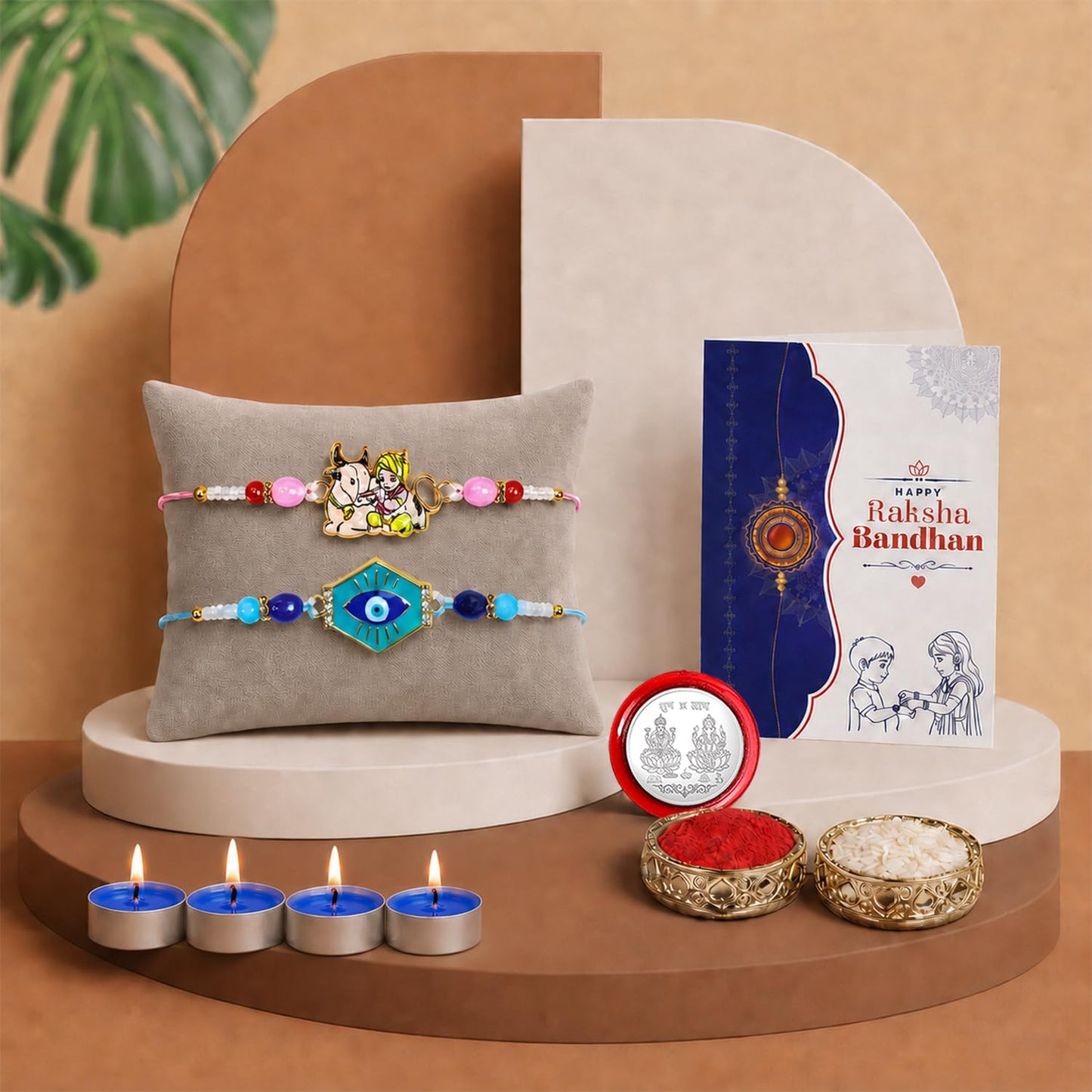 Krishna, Evil Eye Rakhi Combo - Raksha Bandhan Gift with Tealight Candles 4pcs, Pack of 6