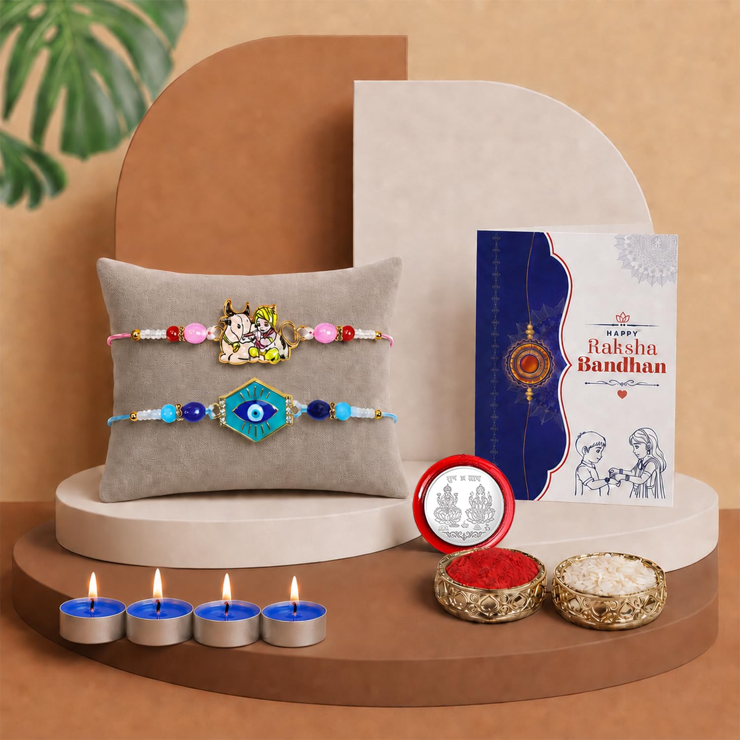 Krishna, Evil Eye Rakhi Combo - Raksha Bandhan Gift with Tealight Candles 4pcs, Pack of 6