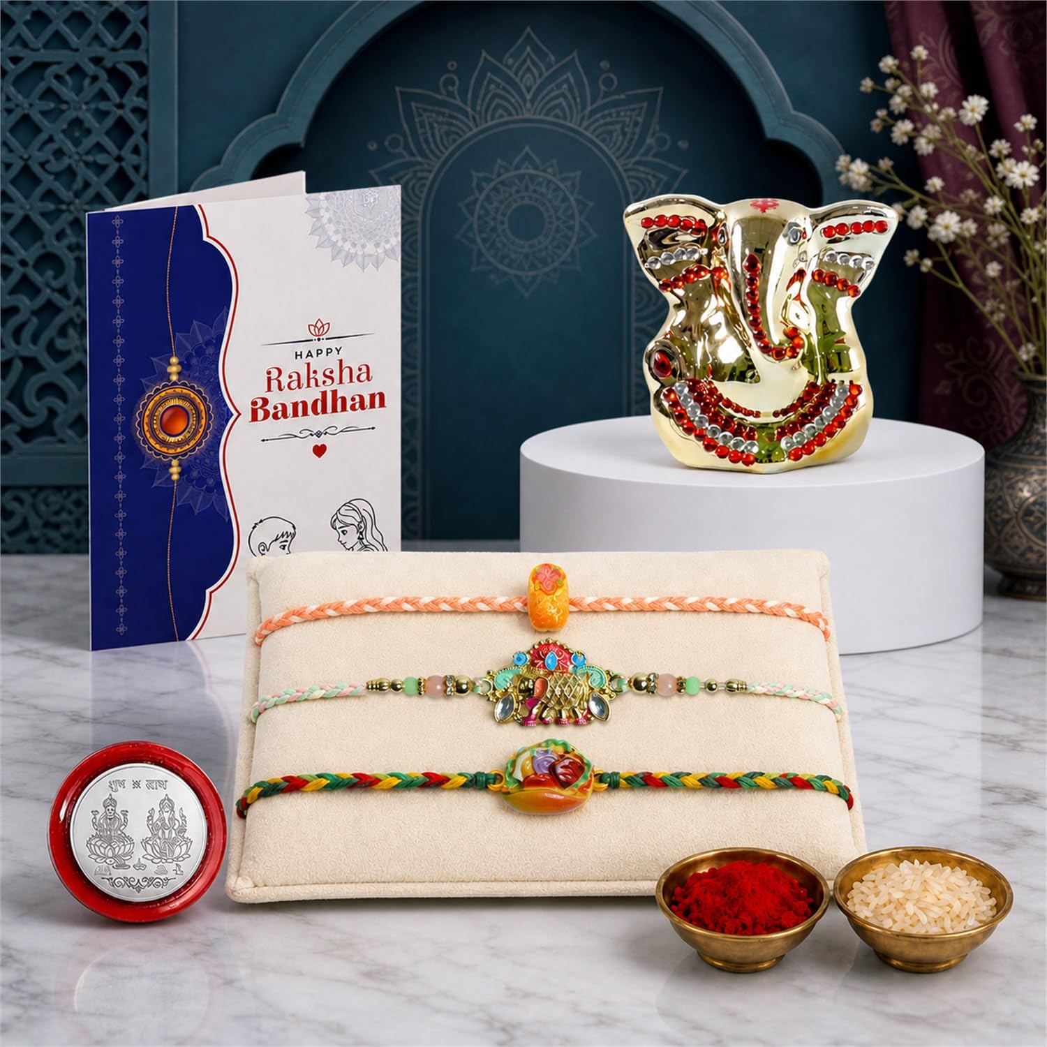 Rakhi for Bhai – Ganesh Idol Rakhi | Silver Coin, Roli Chawal Gift Combo (Pack of 4) For Raksha Bandhan