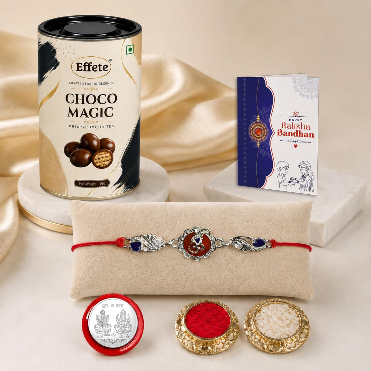 Multicolor Om Rakhi & Chocolate Magic 96gm with Roli Chawal, Silver Color Pooja Coin & Greeting Card, Fancy Rakhis for men stylish, Rakshbandhan Combo, Pack of 5 For Raksha Bandhan