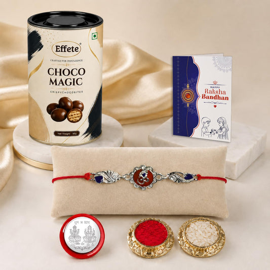 Om Rakhi for Brother with Chocolate Magic 96gm, Roli Tikka & Card | Pack of 5