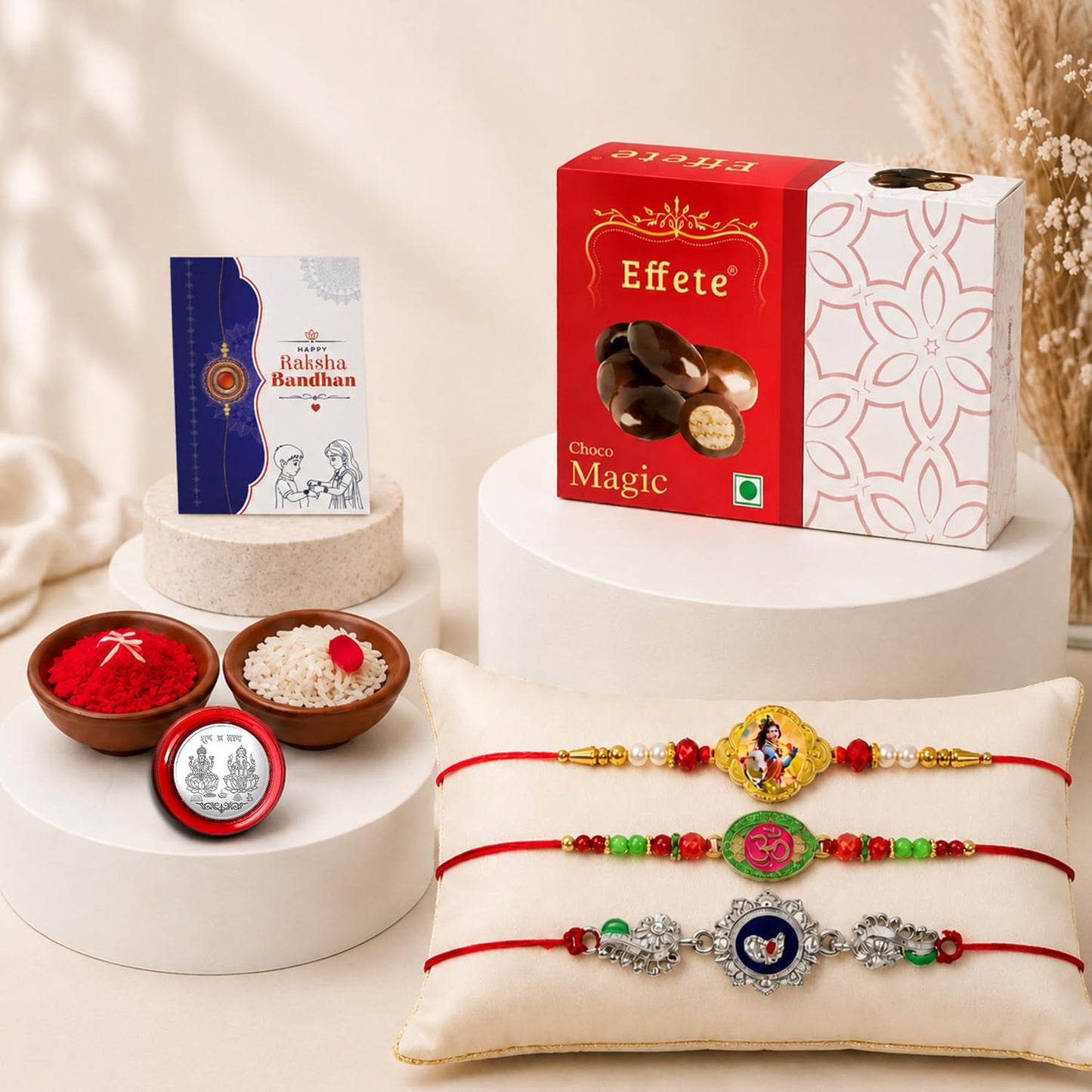 Krishna motif Rakhi for Brother with Chocolate Magic 32gm, Coin & Card, Pack of 7