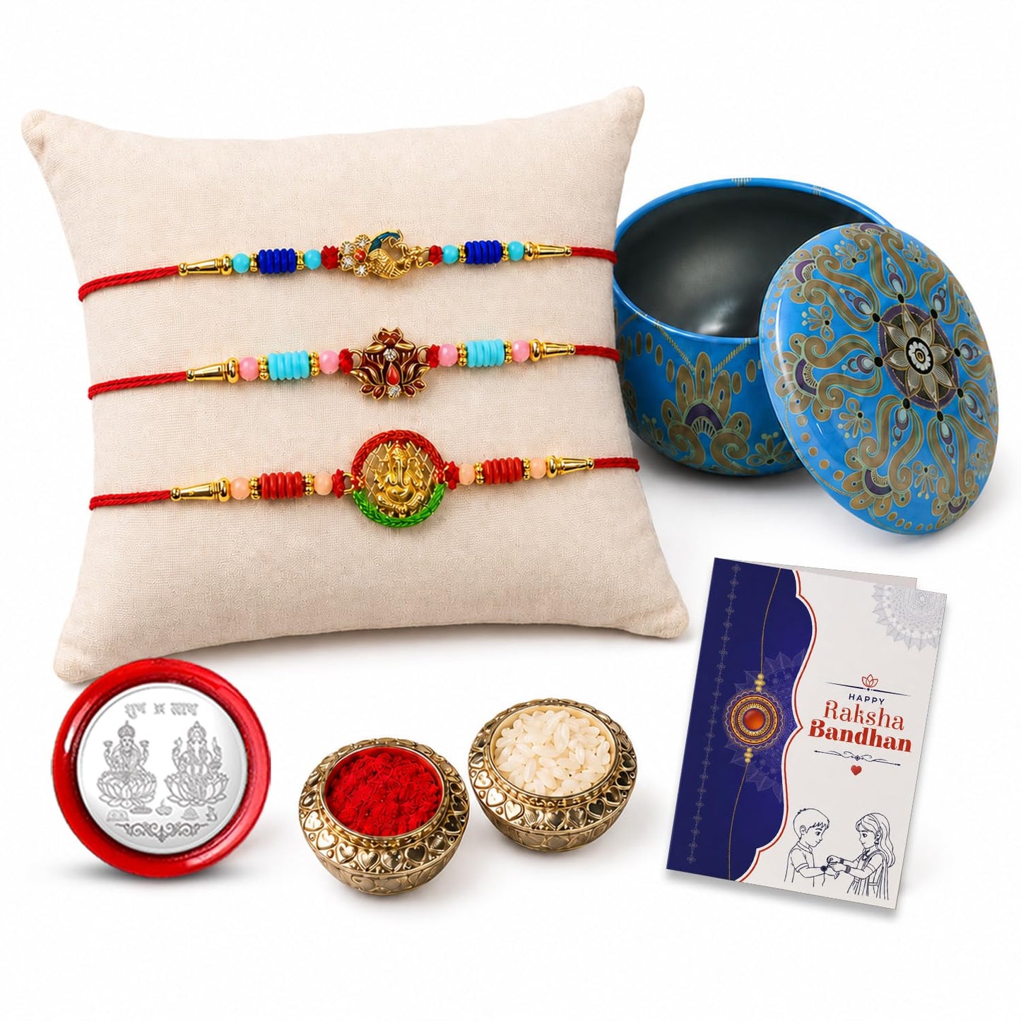 Designer Multicolor Peacock, Lotus & Ganesha Rakhi Combo for Brother | Pack of 7