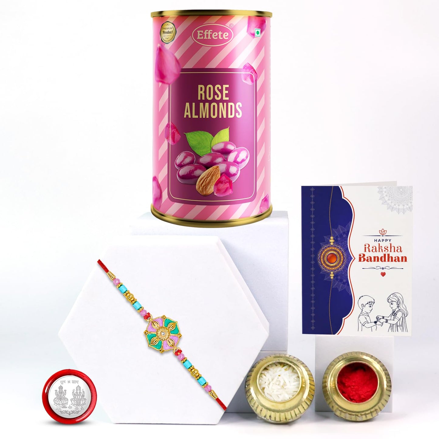 Complete Hamper Rakhi for Brother with Rose Almond 96gm, Coin & Card, Pack of 5