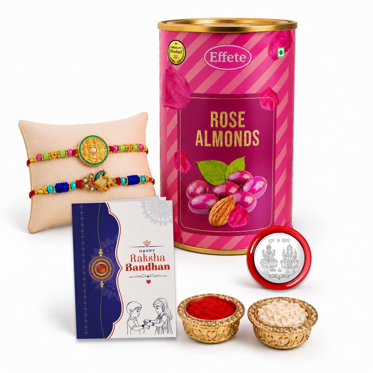 Floral Rakhi for Brother with Rose Almond 96gm, Roli Tikka & Card, Pack of 6