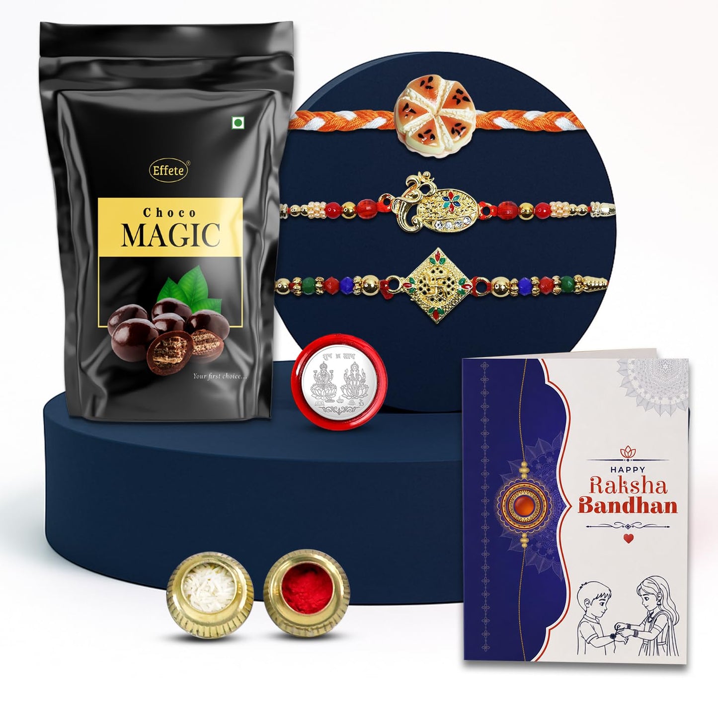 Food Rakhi for Brother with Choco Magic Pouch, Roli Tikka & Card, Pack of 7