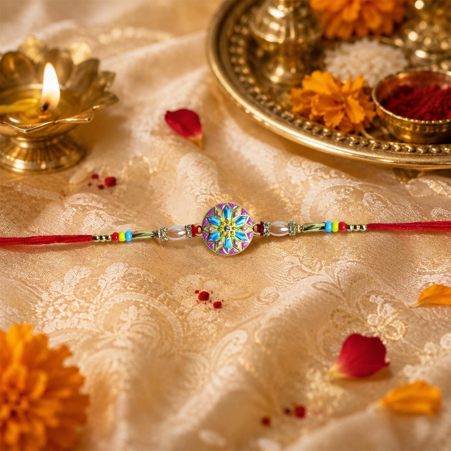 Floral Rakhi for Brother with Coffee Almond 96gm, Roli Tikka & Card, Pack of 5