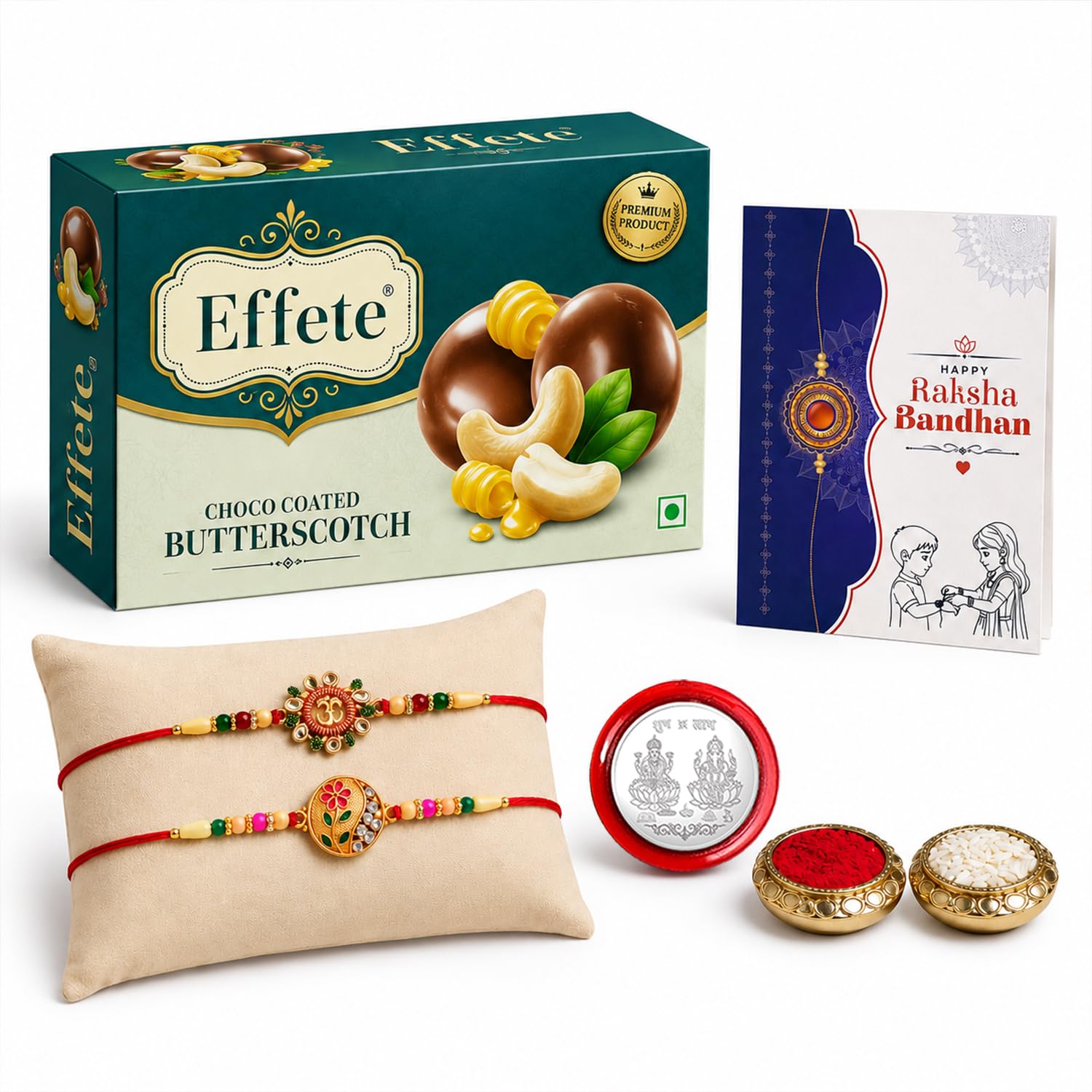 OM, Round Rakhi for Brother with Butter Scotch 32gm, Roli Tikka & Card, Pack of 6