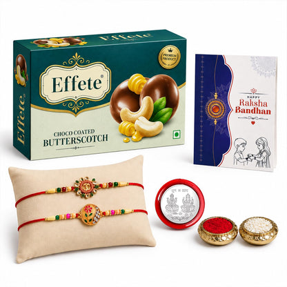 OM, Round Rakhi for Brother with Butter Scotch 32gm, Roli Tikka & Card, Pack of 6