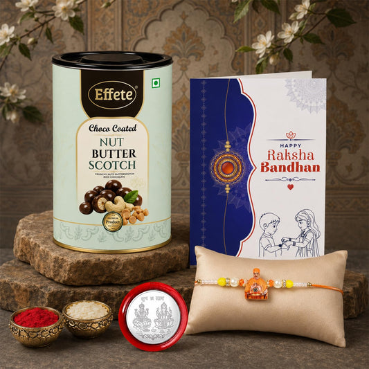 Swami Maharaj Rakhi for Brother with Butter Scotch 96gm, Coin & Card, Pack of 5