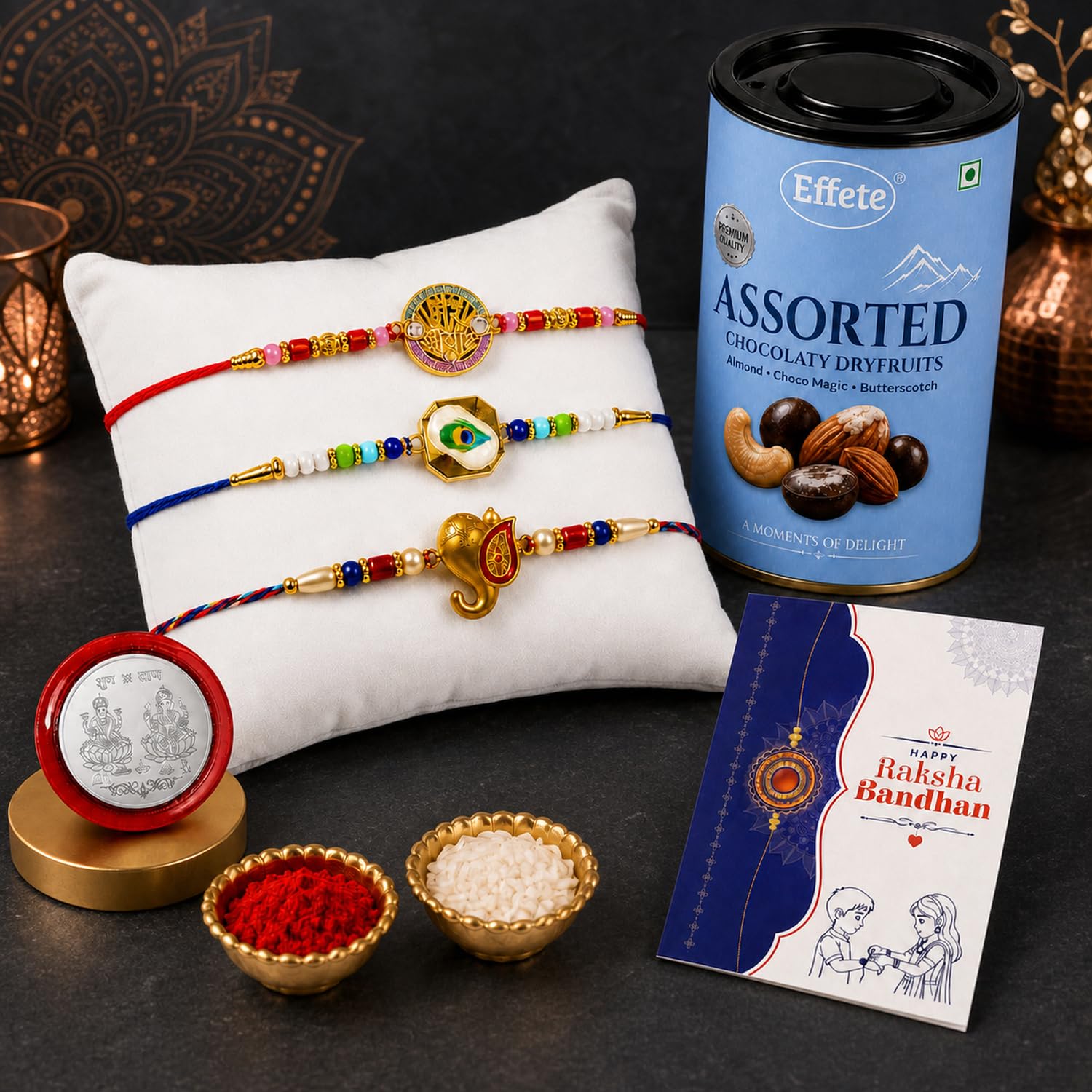 Peacock Rakhi for Brother with Choco Dryfruits 96gm, Roli Tikka & Card, Pack of 7