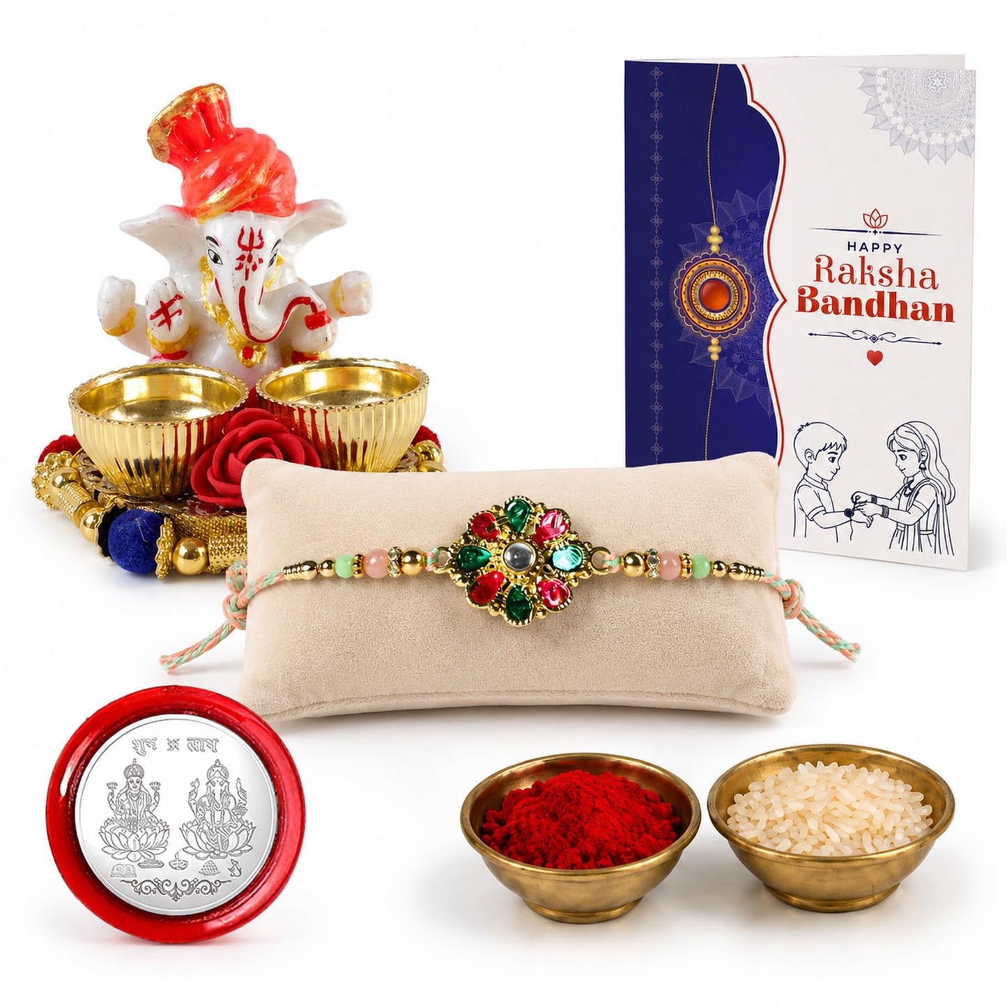 Floral Kundan Multicolor Rakhi for Brother & Bhaiya with Ganesha | Pack of 5