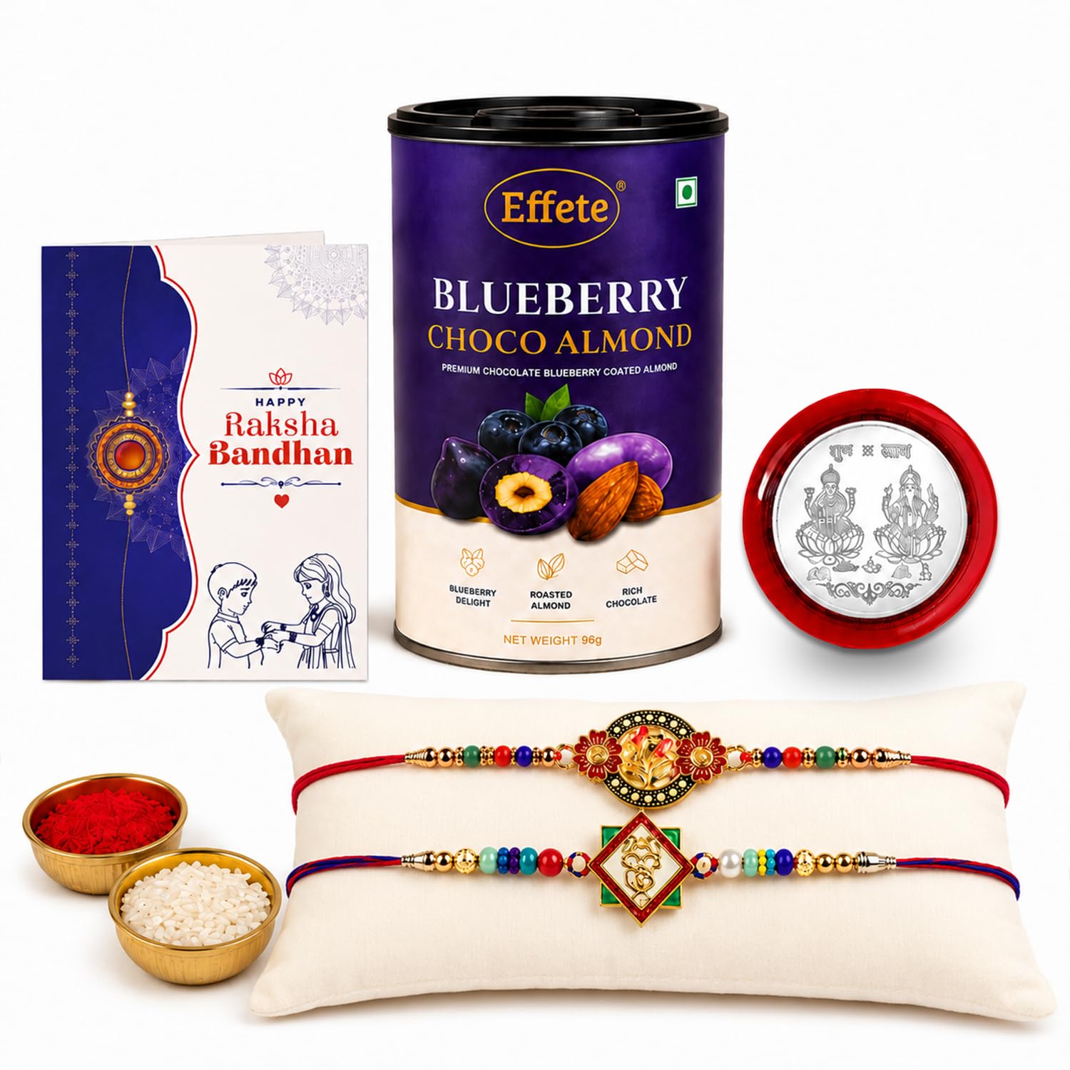Ganesh Charm Rakhi for Brother with Blueberry Almond 96gm, Coin & Card, Pack of 6