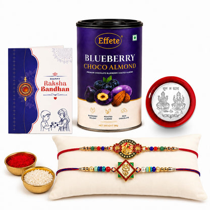 Ganesh Charm Rakhi for Brother with Blueberry Almond 96gm, Coin & Card, Pack of 6