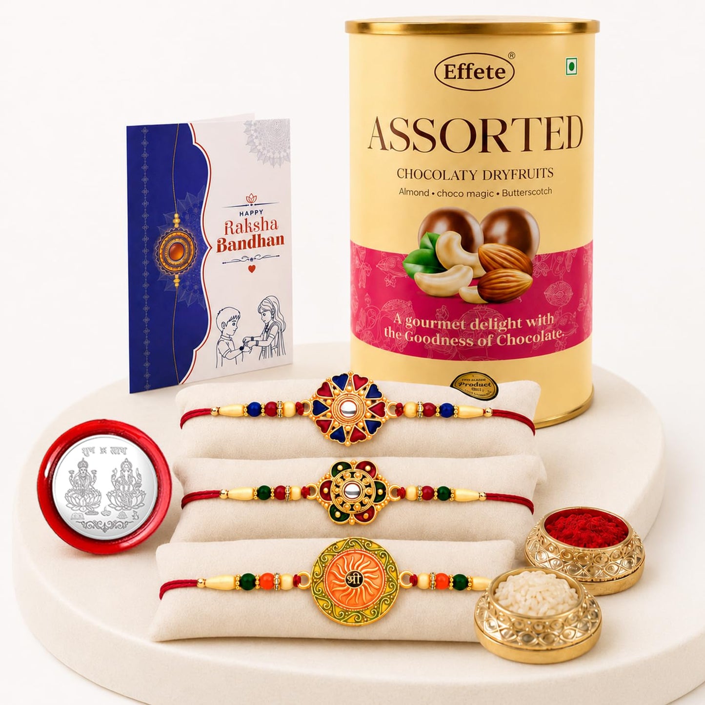 Round Rakhi for Brother with Emperor Choco, Roli Tikka & Greeting Card, Pack of 7