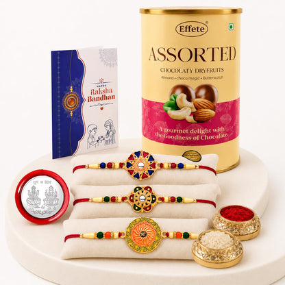 Round Rakhi for Brother with Emperor Choco, Roli Tikka & Greeting Card, Pack of 7