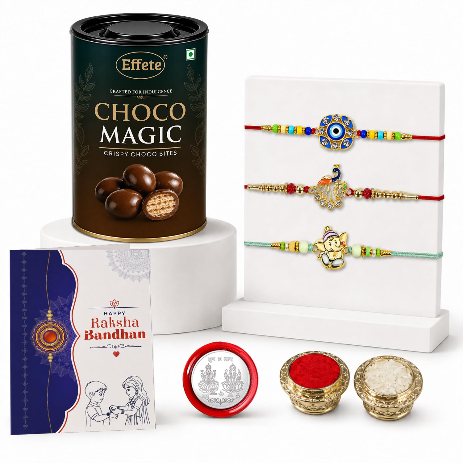 Peacock Rakhi for Brother with Chocolate Magic 96gm, Roli Tikka & Card, Pack of 7