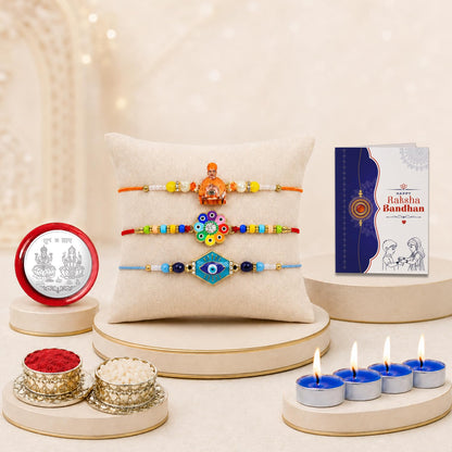 Swami Maharaj Rakhi Combo - Raksha Bandhan Gift with Tealight Candles 4pcs, Pack of 7