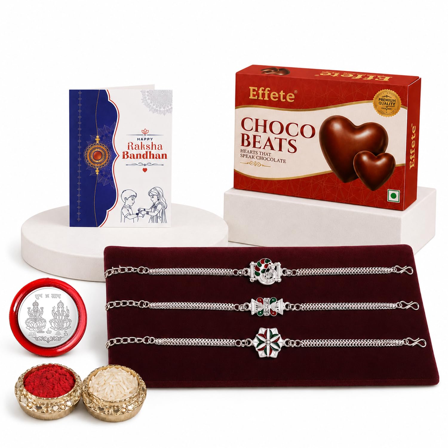 Peacock Rakhi for Brother with Choco Beats 32gm, Roli Tikka & Card - Pack of 7