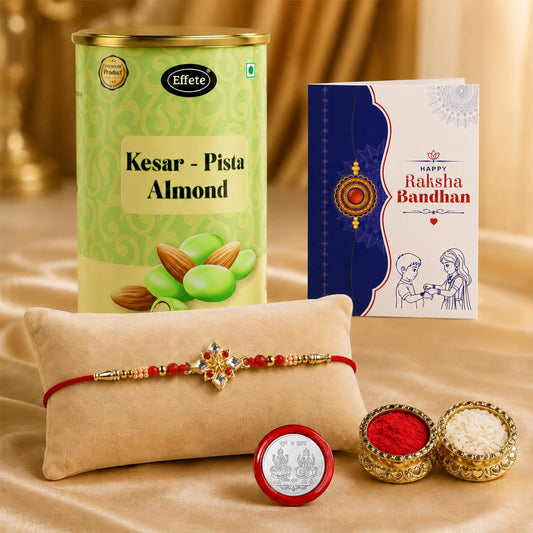Square Rakhi for Brother with Kesar-Pista Almond 96gm, Coin & Card, Pack of 5