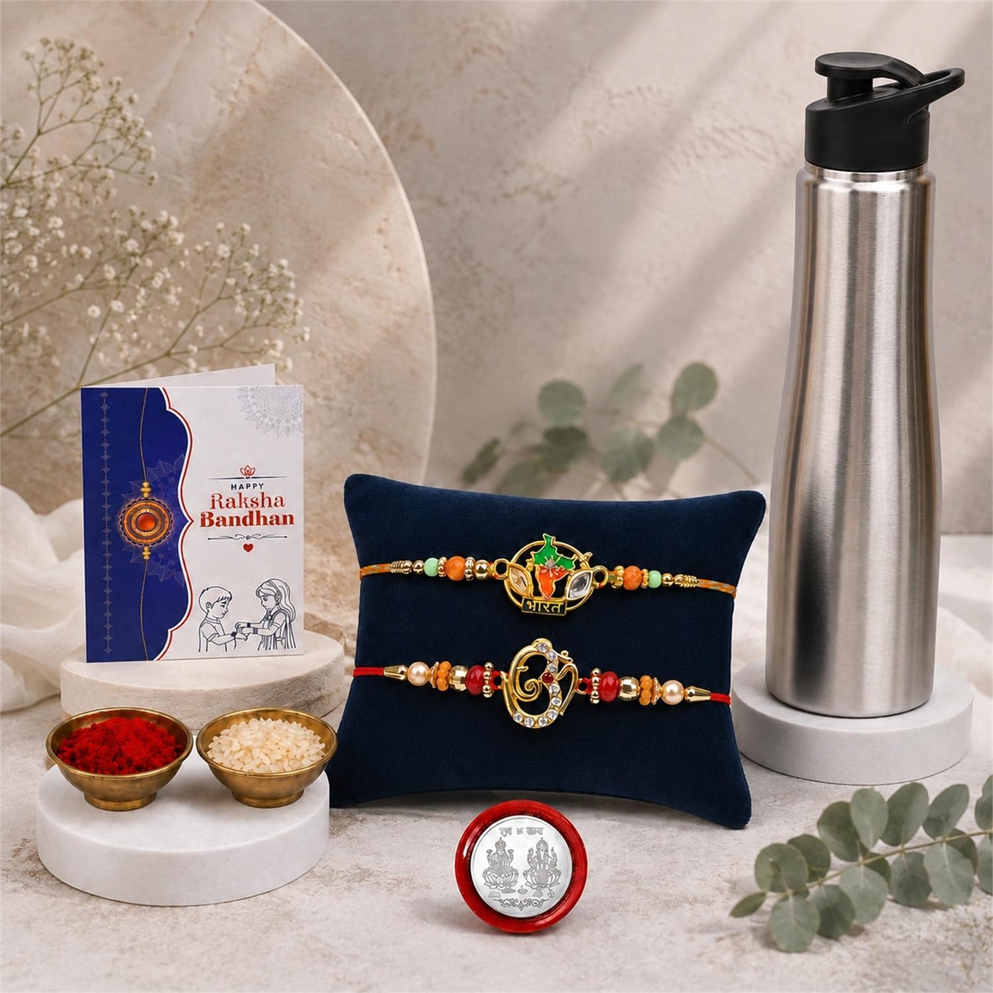 Bharat Tiranga Rakhi Combo - Raksha Bandhan Gift with SS Water Bottle 1000ml, Pack of 6