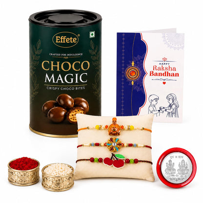 Deity Rakhi for Brother with Chocolate Magic 96gm, Roli Tikka & Card, Pack of 7