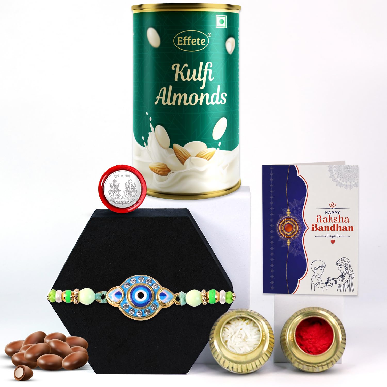 Designer Rakhi for Brother with Kulfi Almonds 96gm, Roli Chawal & Card, Pack of 5