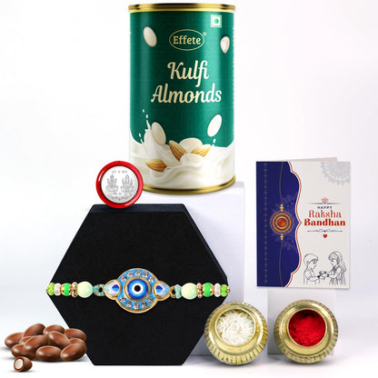 Designer Rakhi for Brother with Kulfi Almonds 96gm, Roli Chawal & Card, Pack of 5