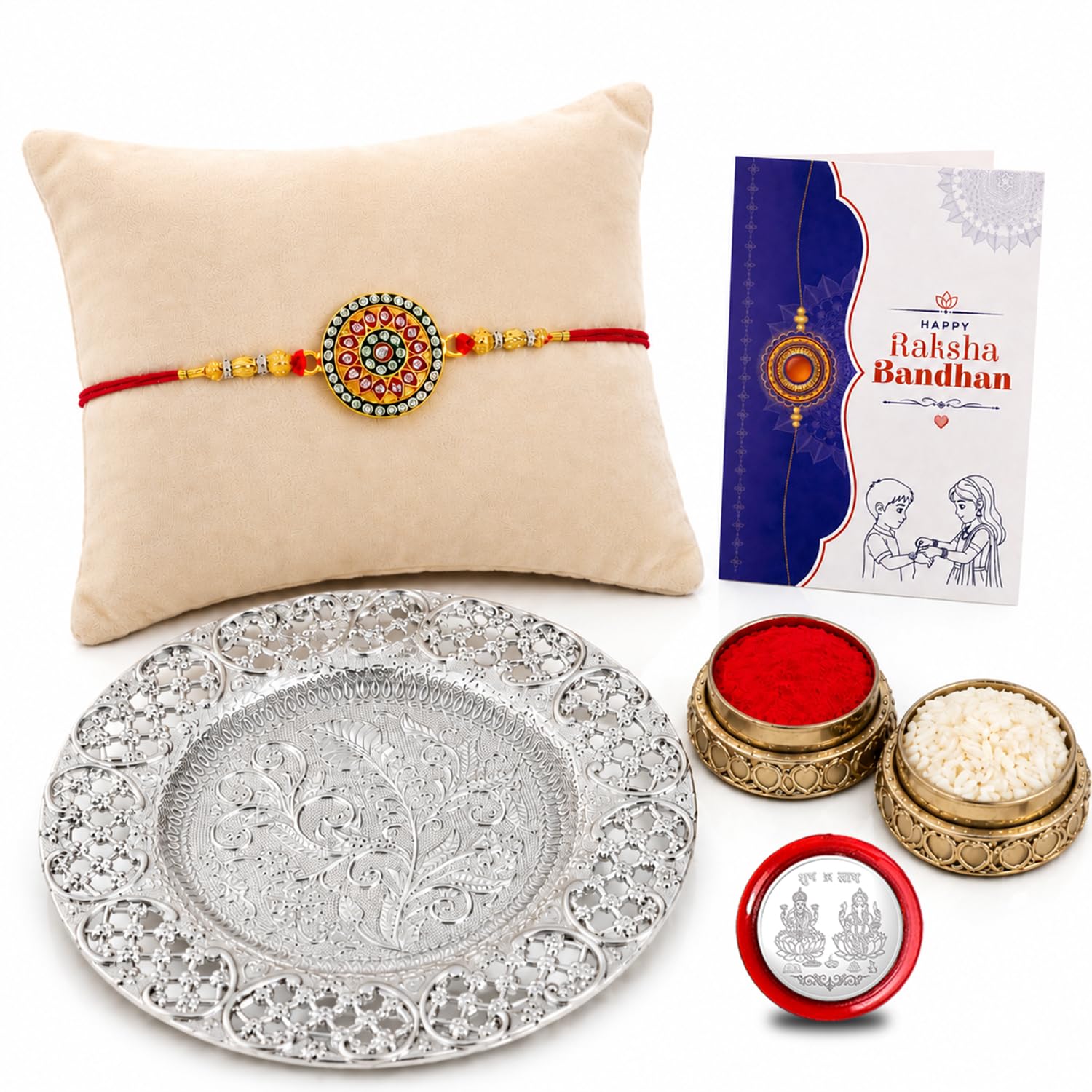 Rangoli Round Multicolor Rakhi for Brother & Bhaiya with Pooja Thali | Pack of 5