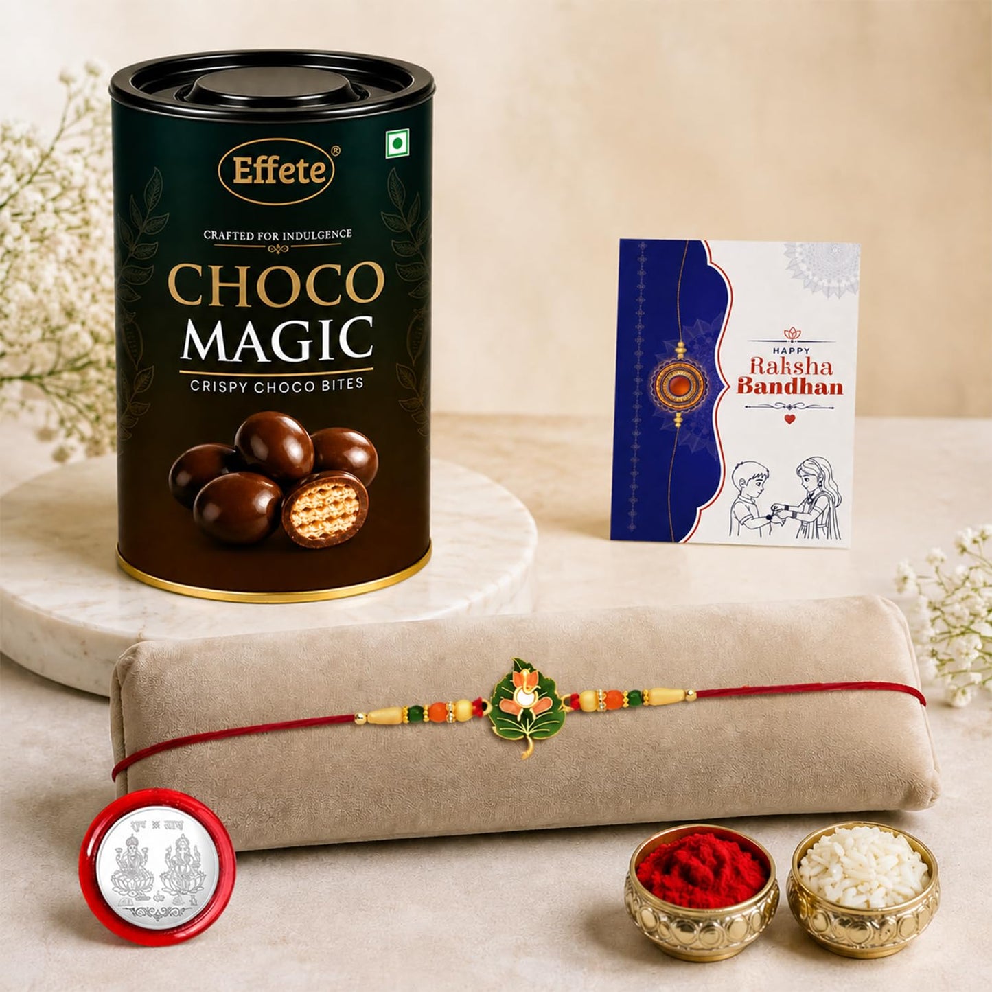 Leaf Rakhi for Brother with Chocolate Magic 96gm, Roli Tikka & Card, Pack of 5