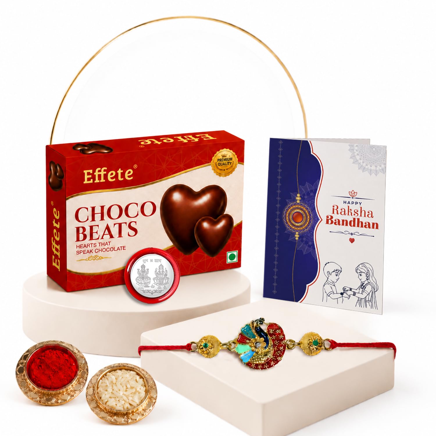 Colorful Mor Rakhi for Brother with Chocolate Beats 32gm, Coin & Card, Pack of 5