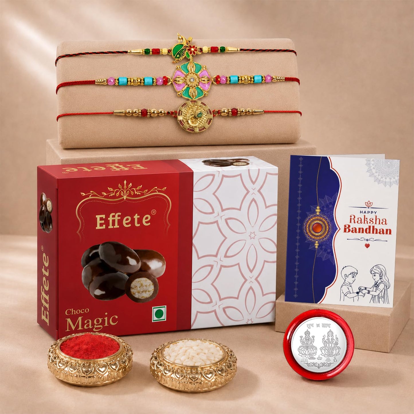Peacock Rakhi for Brother with Chocolate Magic 32gm, Roli Tikka & Card, Pack of 7