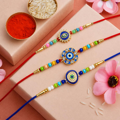 Designer Classic Multicolor Evil Eye Rakhi for Brother with Roli Tikka, Pack of 6