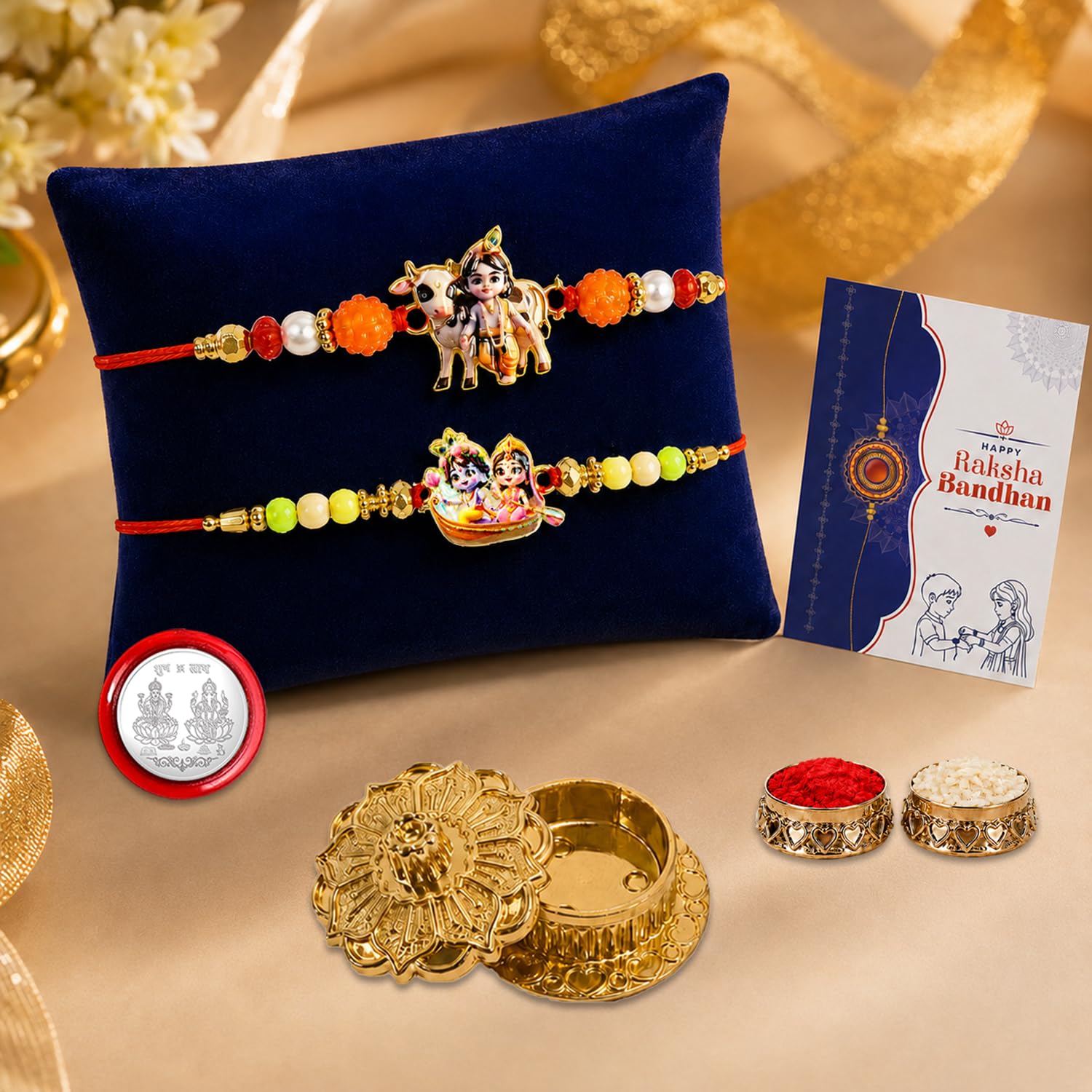 Designer Elegant Multicolor Krishna Cow & Radhe Rakhi Combo | Pack of 6