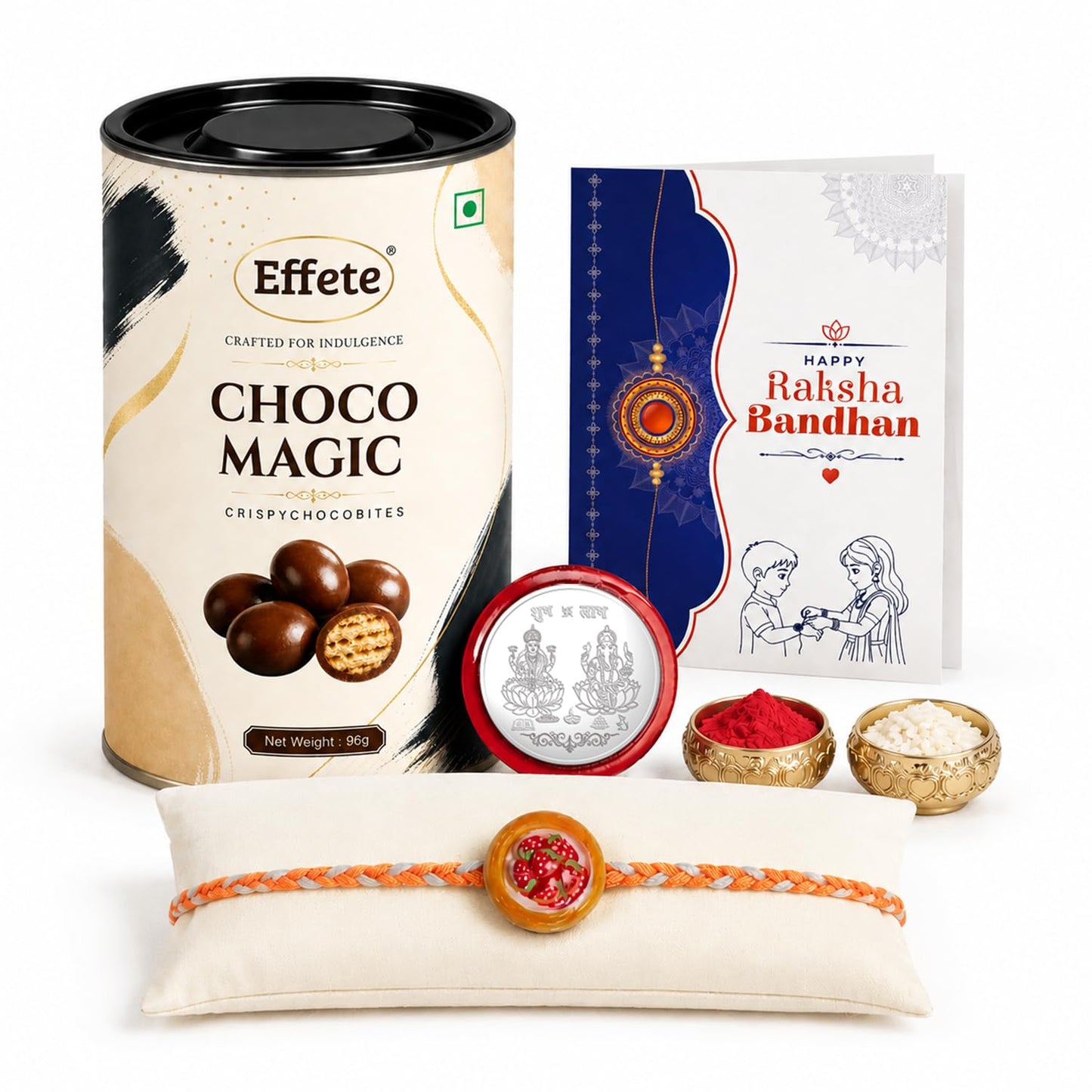 Rakhi with Chocolate for Brother (Set of 5) – Raksha Bandhan Festival Celebration Combo for Bro with Sweet Food Design Rakhi, Chocolate, Roli Chawal, Silver Color Pooja Coin & Greeting Card