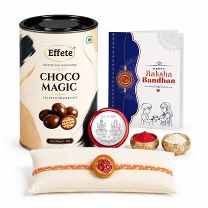Rakhi with Chocolate for Brother (Set of 5) – Raksha Bandhan Festival Celebration Combo for Bro with Sweet Food Design Rakhi, Chocolate, Roli Chawal, Silver Color Pooja Coin & Greeting Card