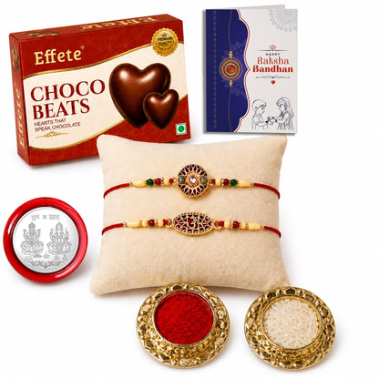 Round Rakhi for Brother with Chocolate Beats 32gm, Roli Tikka & Card, Pack of 6