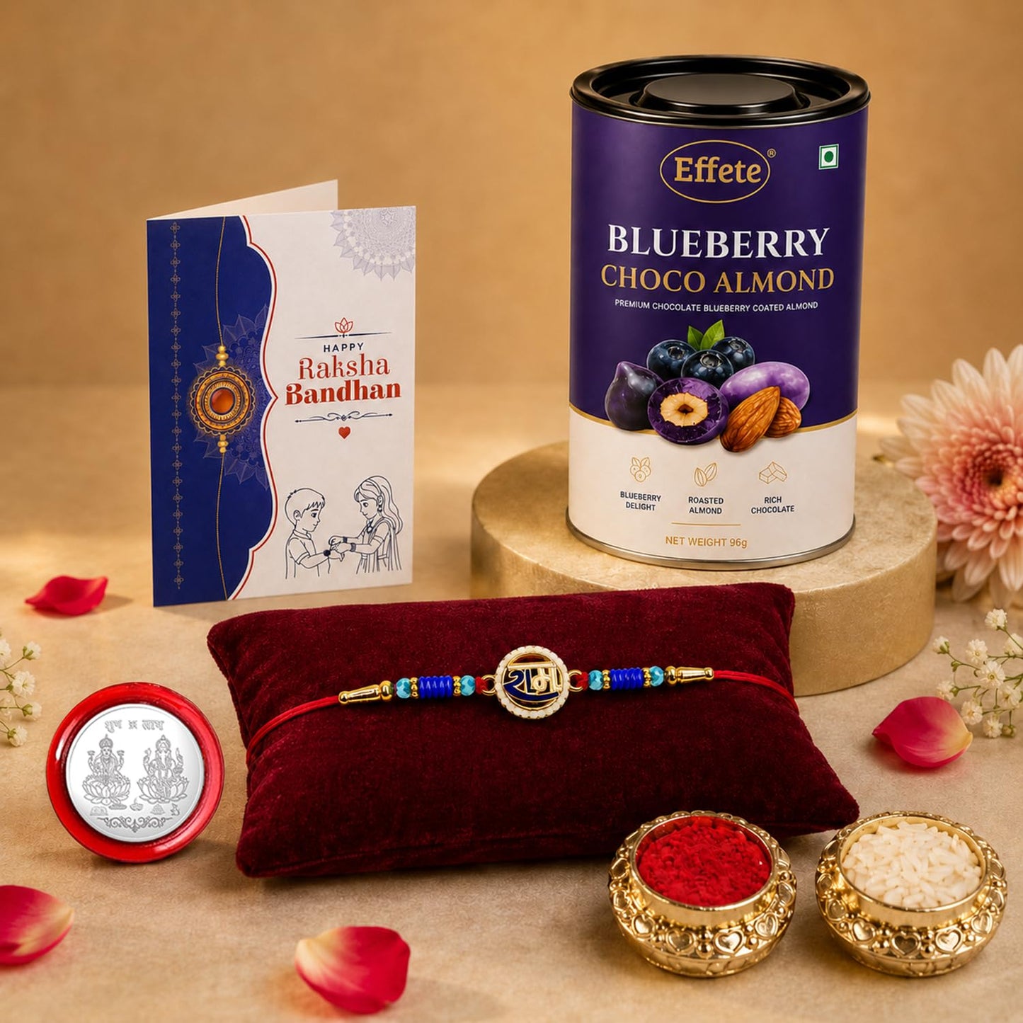 Ram Rakhi for Brother with Blueberry Almond 96gm, Roli Tikka & Card, Pack of 5
