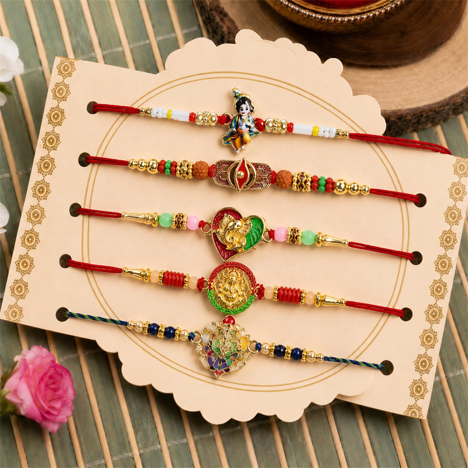 Handcrafted Gorgeous Rakhi for Brother with Roli Tikka & Greeting Card, Pack of 8