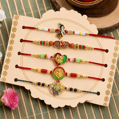 Handcrafted Gorgeous Rakhi for Brother with Roli Tikka & Greeting Card, Pack of 8