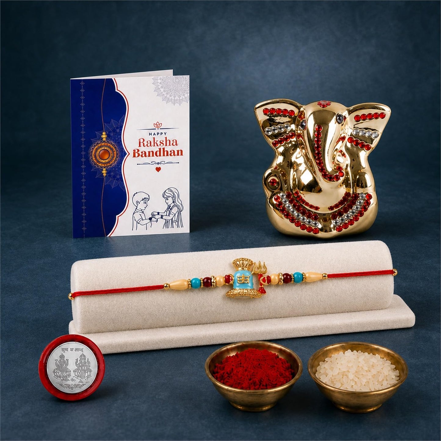 Rakhi for Brother – Ganesh Idol Beautiful Rakhi with Silver Color Pooja Coin