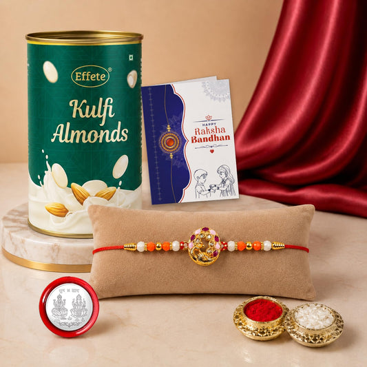 Peacock Rakhi for Brother with Kulfi Almonds 96gm, Roli Tikka & Card, Pack of 5