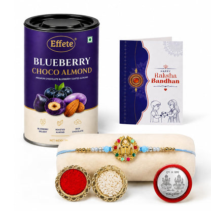 Rakhi with Chocolate for Brother (Set of 5) – Raksha Bandhan Festival Celebration Combo for Bhai with Trishul Damru Design Rakhi, Chocolate, Roli Chawal, Silver Color Coin & Greeting Card