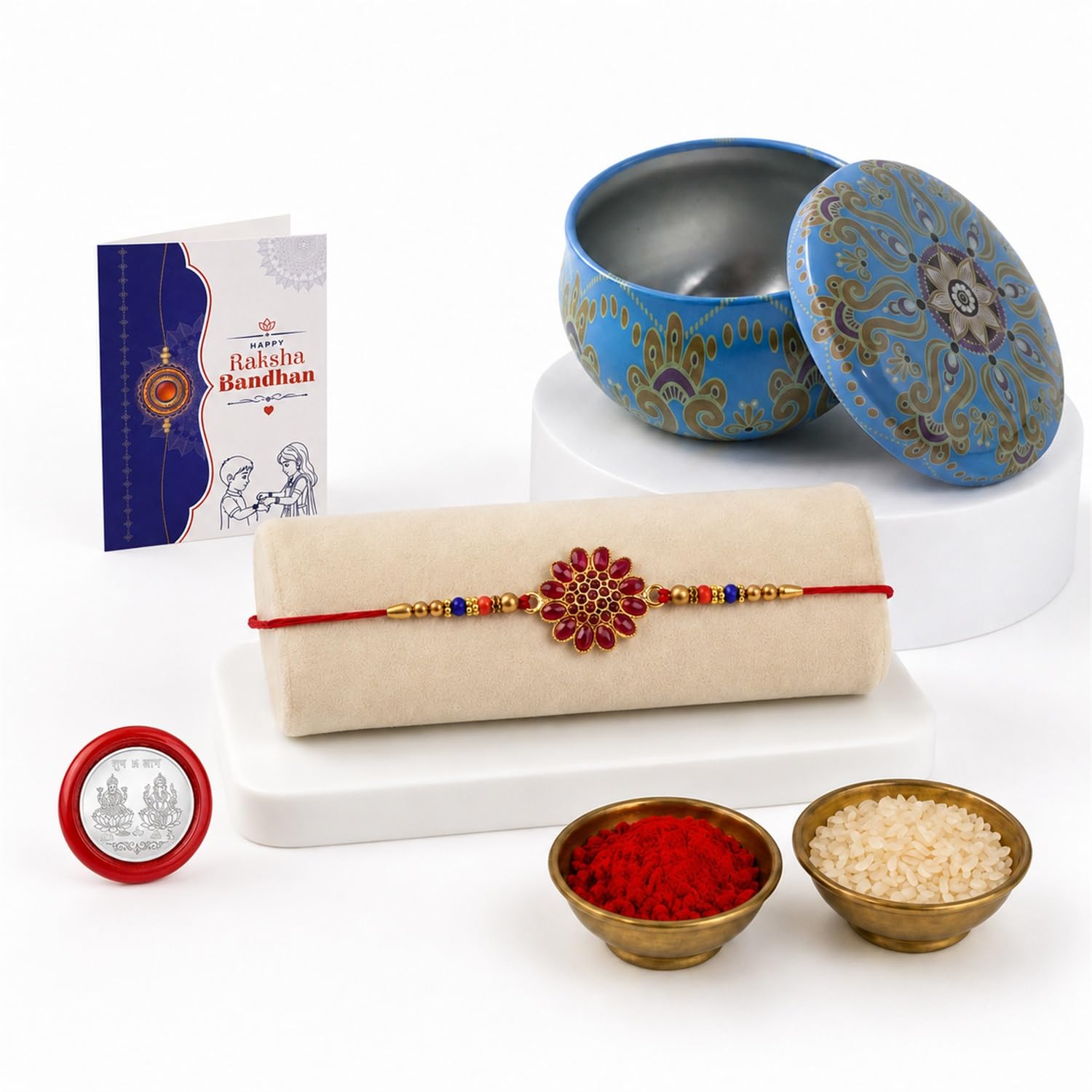 Flower Rakhi Combo - Raksha Bandhan Gift with Heart-Shape Organizer, Pack of 5 for Bhaiya